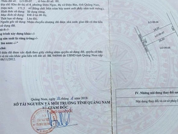 Đất đường 27m khu đô thị số 4 Điện Ngọc sổ đỏ Lo09-0-7