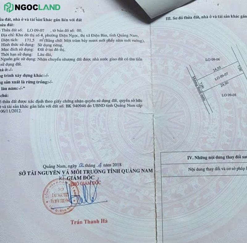 Đất đường 27m khu đô thị số 4 Điện Ngọc sổ đỏ Lo09-0-7