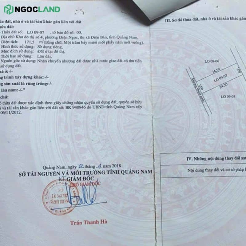 Đất đường 27m khu đô thị số 4 Điện Ngọc sổ đỏ Lo09-0-7